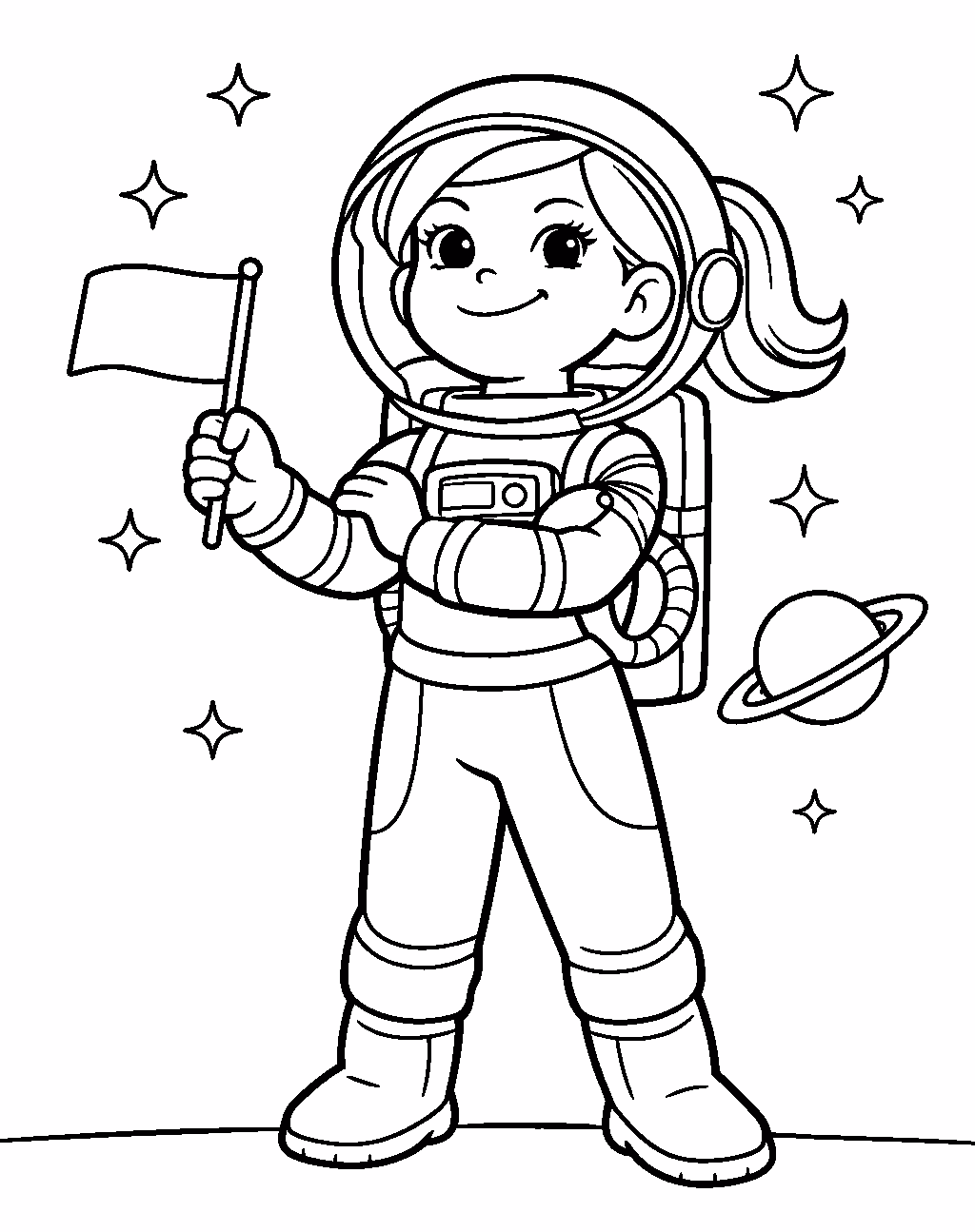 astronaut girl holding flag