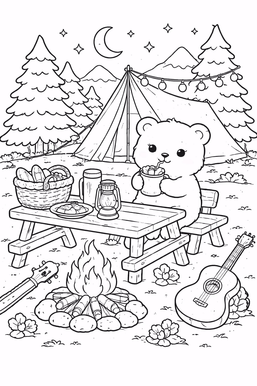 bear camping campfire guitar