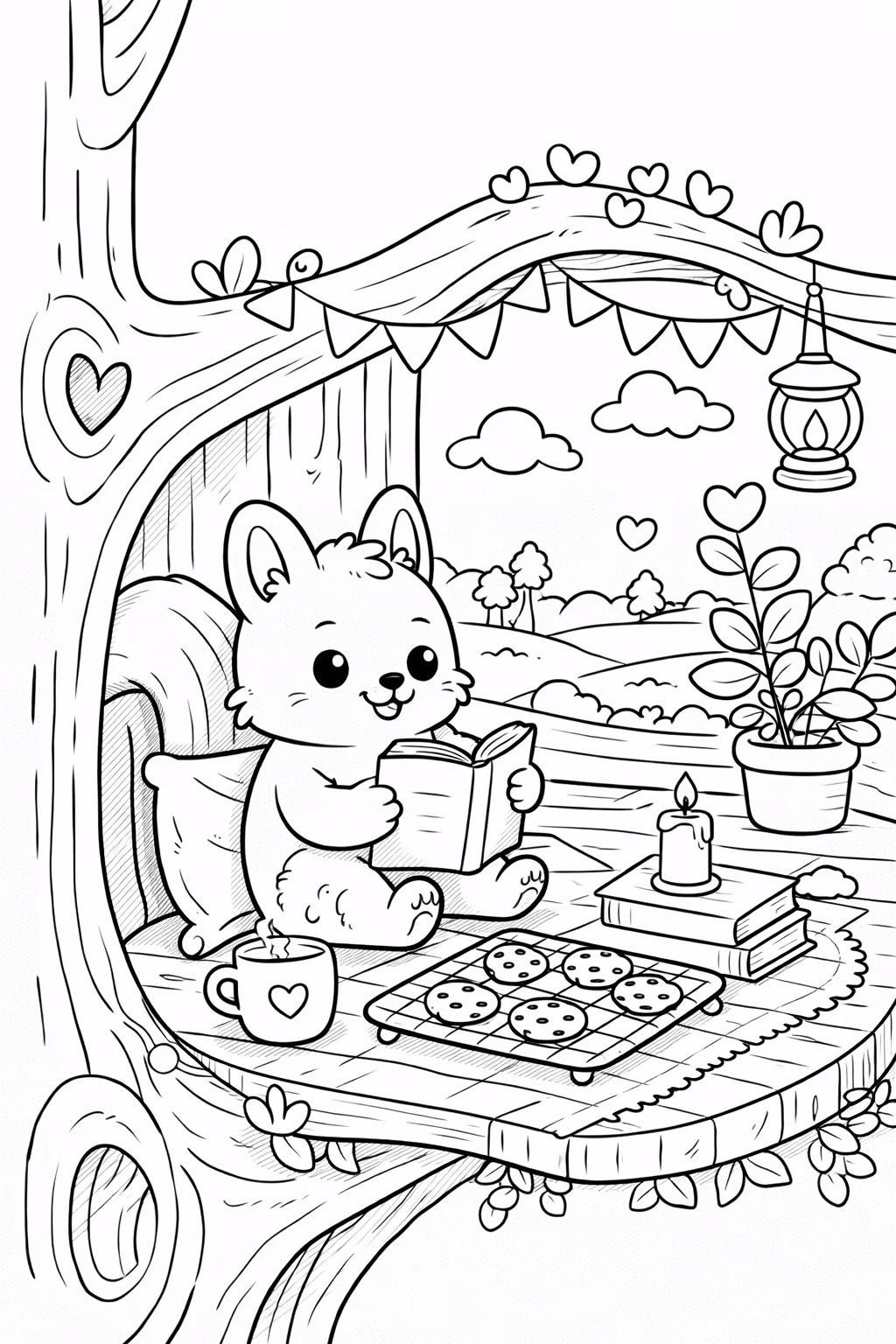 cozy treehouse animal reading snacks