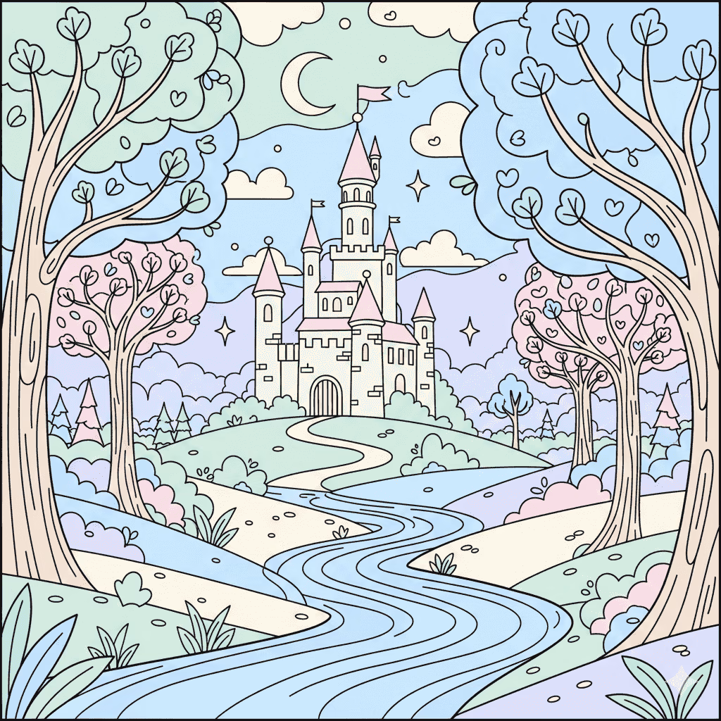 pastel castle river blossoms