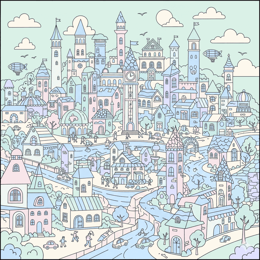 pastel cityscape river bridges