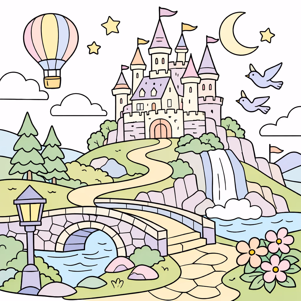 castle waterfall night balloon