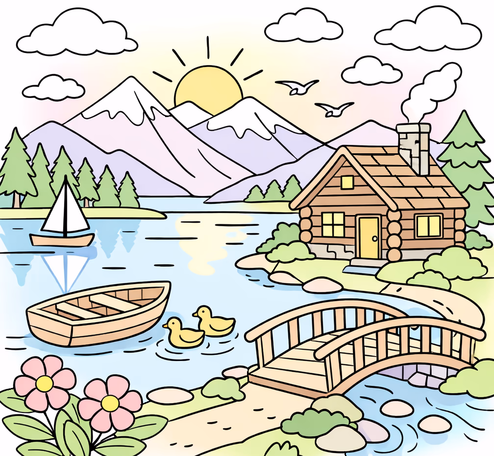 mountain lake cabin sunny